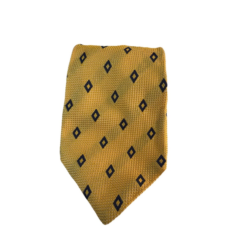 LAUREN RALPH LAUREN Men's 100% Silk Necktie USA Designer Diamond Gold/Blue Woven